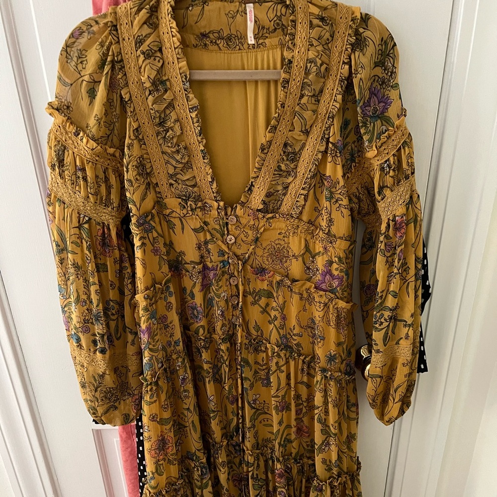 Free People Cassis printed chiffon dress - mustard / tumeric XS